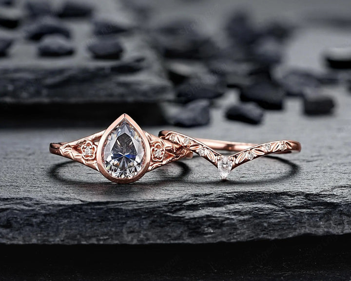Vintage Pear Shape Gray Moissanite and Diamond Engagement Ring Set, 14K 18K Rose Gold Full Bezel Leaf Promise Wedding Platinum, Silver 925 - ShainJewelry