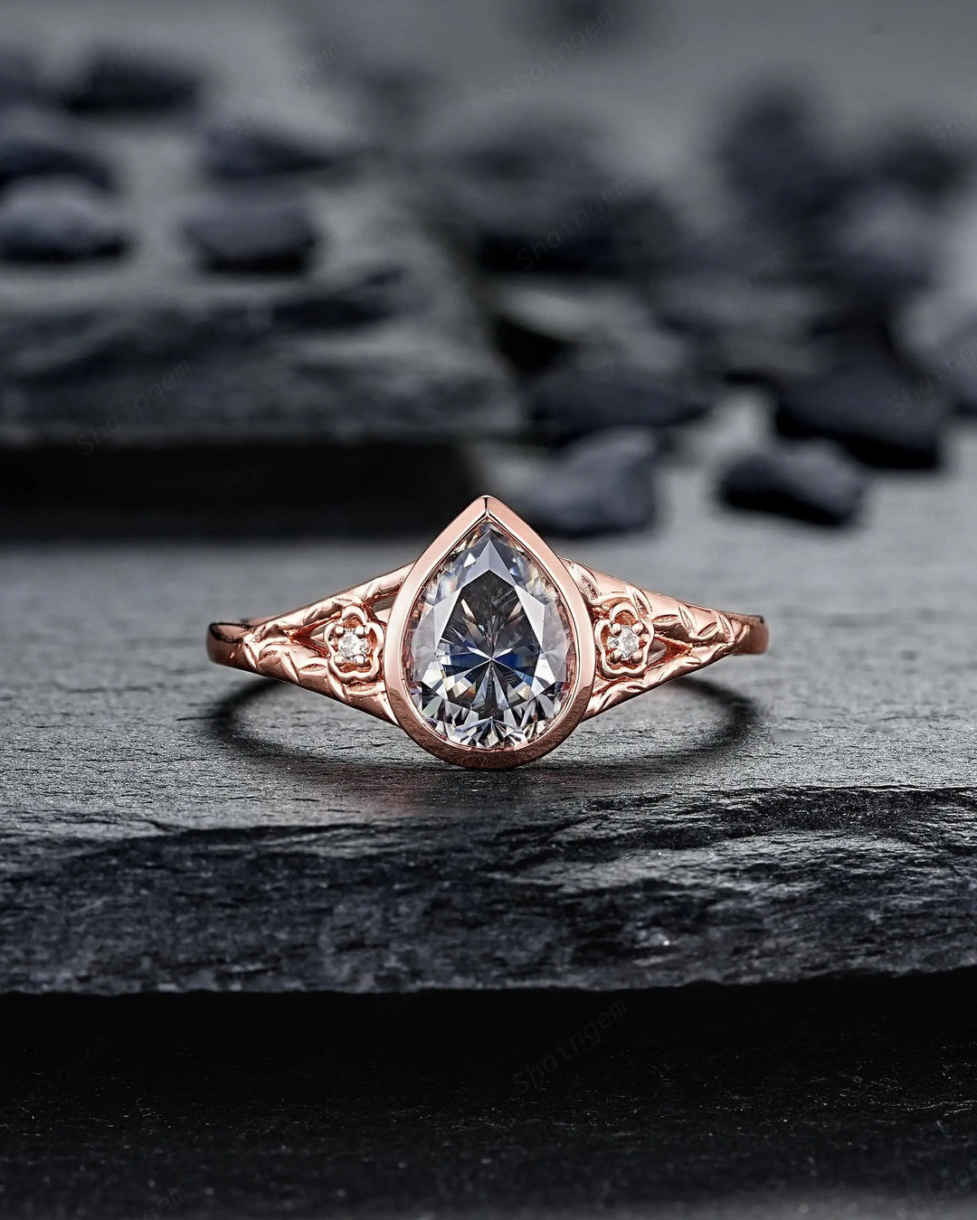 Vintage Pear Shape Gray Moissanite and Diamond Engagement Ring Set, 14K 18K Rose Gold Full Bezel Leaf Promise Wedding Platinum, Silver 925 - ShainJewelry
