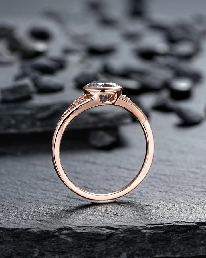 Vintage Pear Shape Gray Moissanite and Diamond Engagement Ring Set, 14K 18K Rose Gold Full Bezel Leaf Promise Wedding Platinum, Silver 925 - ShainJewelry