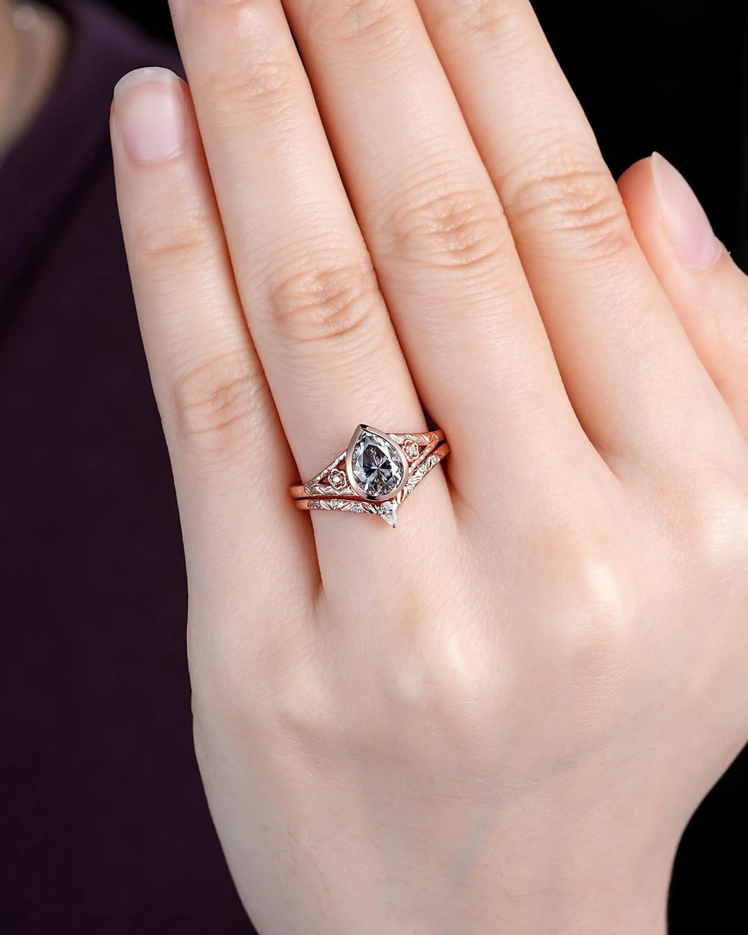 Vintage Pear Shape Gray Moissanite and Diamond Engagement Ring Set, 14K 18K Rose Gold Full Bezel Leaf Promise Wedding Platinum, Silver 925 - ShainJewelry