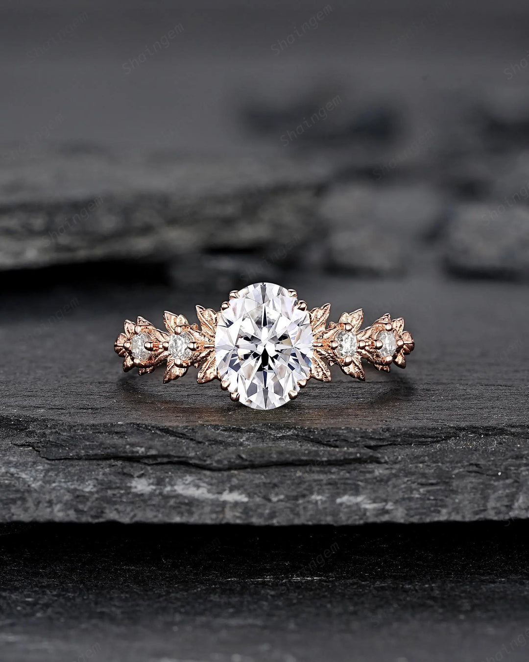 Oval Shape Moissanite Maple Leaf Engagement Ring, Nature Inspired Solid 14K 18K Rose Gold Wedding Ring Gift, Platinum, 925 Sterling Silver - ShainJewelry
