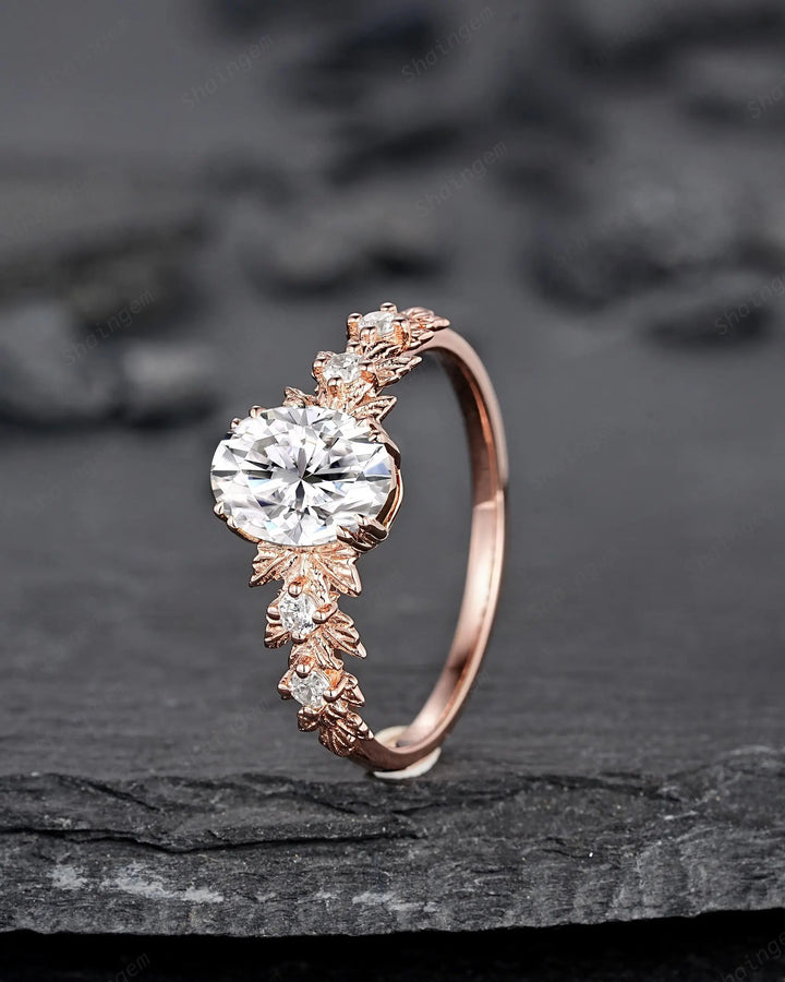 Oval Shape Moissanite Maple Leaf Engagement Ring, Nature Inspired Solid 14K 18K Rose Gold Wedding Ring Gift, Platinum, 925 Sterling Silver - ShainJewelry