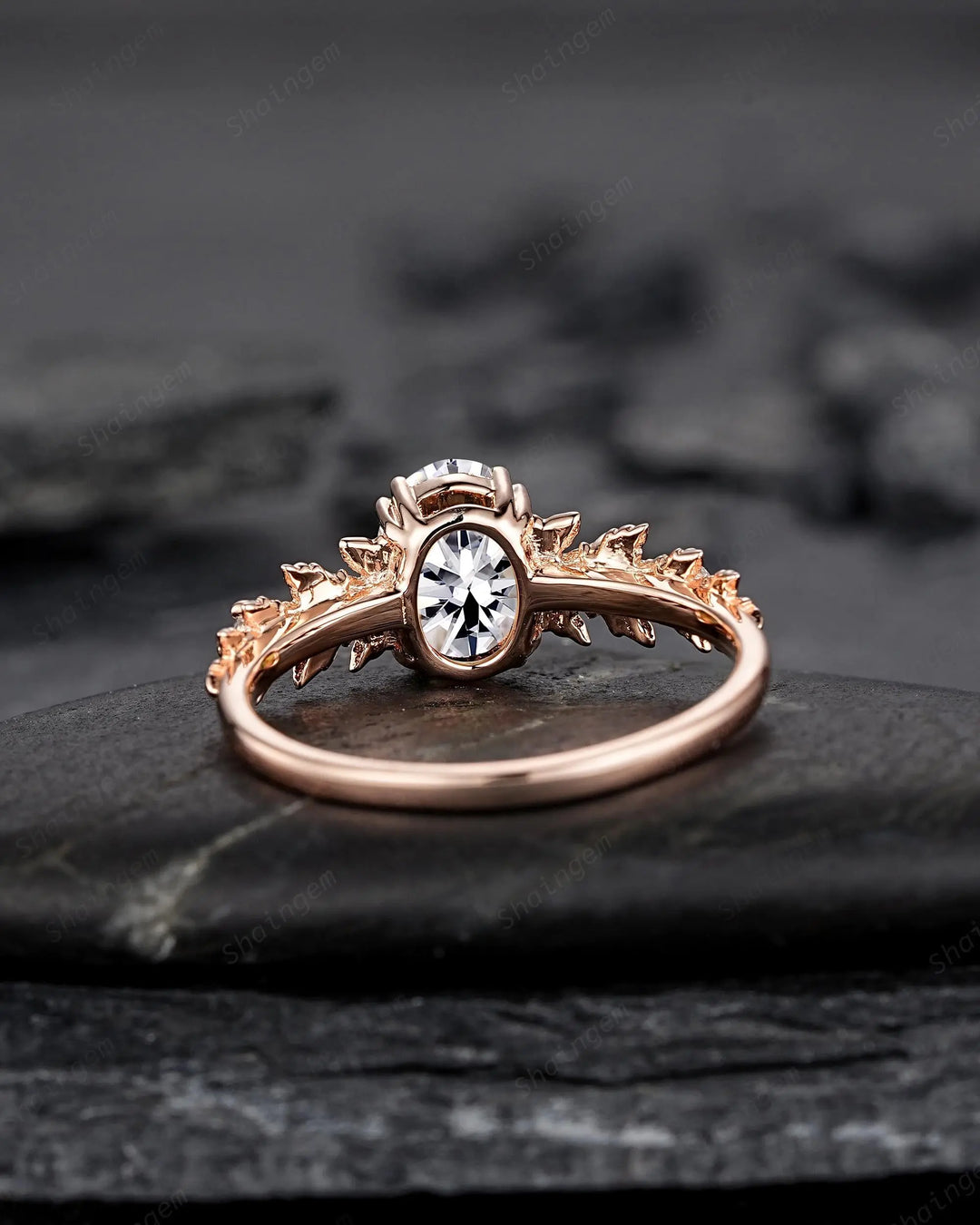 Oval Shape Moissanite Maple Leaf Engagement Ring, Nature Inspired Solid 14K 18K Rose Gold Wedding Ring Gift, Platinum, 925 Sterling Silver - ShainJewelry