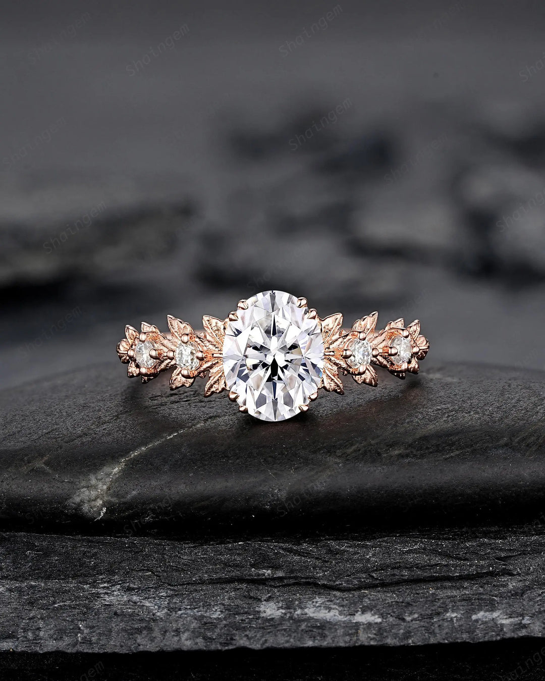 Oval Shape Moissanite Maple Leaf Engagement Ring, Nature Inspired Solid 14K 18K Rose Gold Wedding Ring Gift, Platinum, 925 Sterling Silver - ShainJewelry