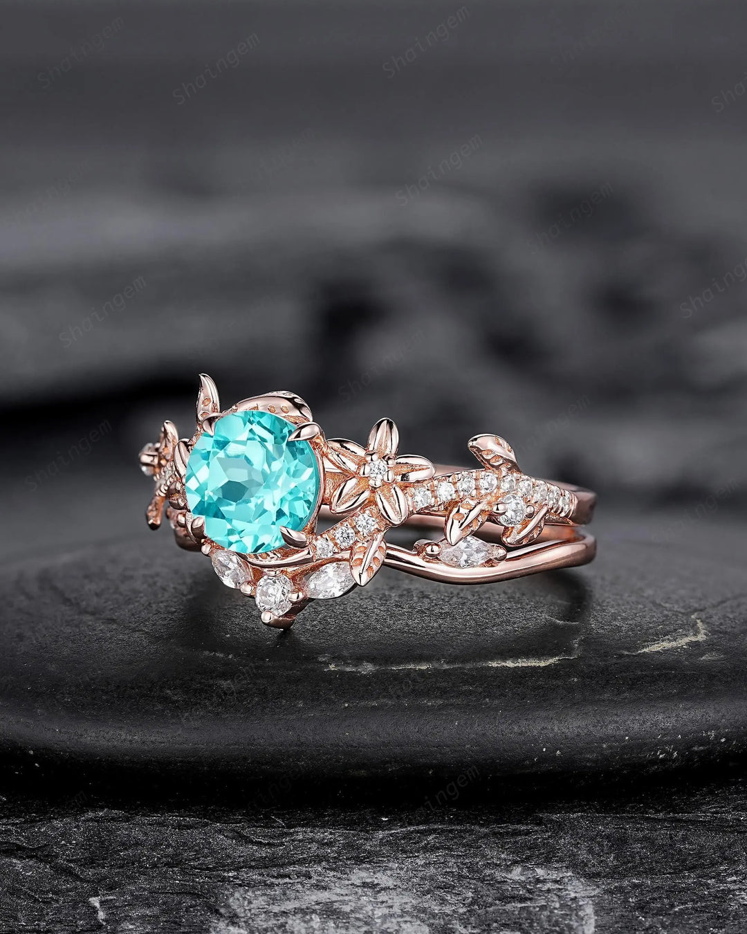 Round Shape Paraiba Tourmaline Leaf Engagement Rings, Rose Gold Floral Promise Twig Branch Wedding Anniversary Gift, Platinum, 925 Silver - ShainJewelry