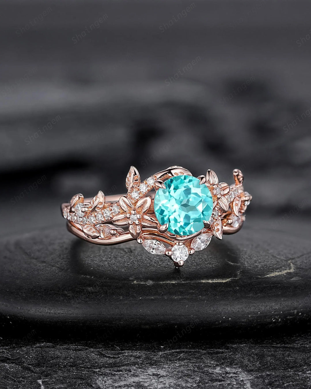 Round Shape Paraiba Tourmaline Leaf Engagement Rings, Rose Gold Floral Promise Twig Branch Wedding Anniversary Gift, Platinum, 925 Silver - ShainJewelry