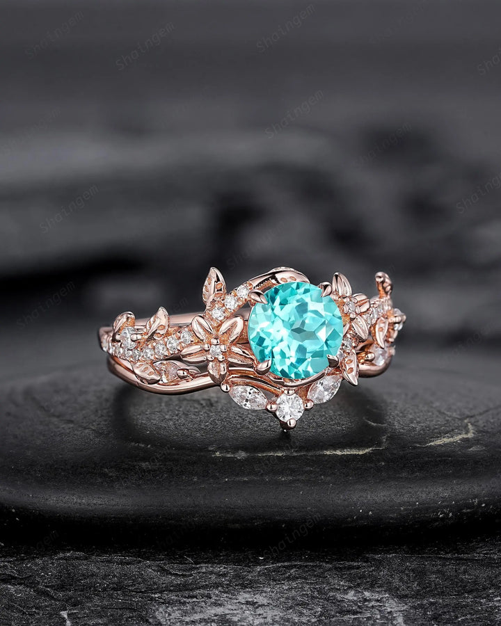 Round Shape Paraiba Tourmaline Leaf Engagement Rings, Rose Gold Floral Promise Twig Branch Wedding Anniversary Gift, Platinum, 925 Silver - ShainJewelry