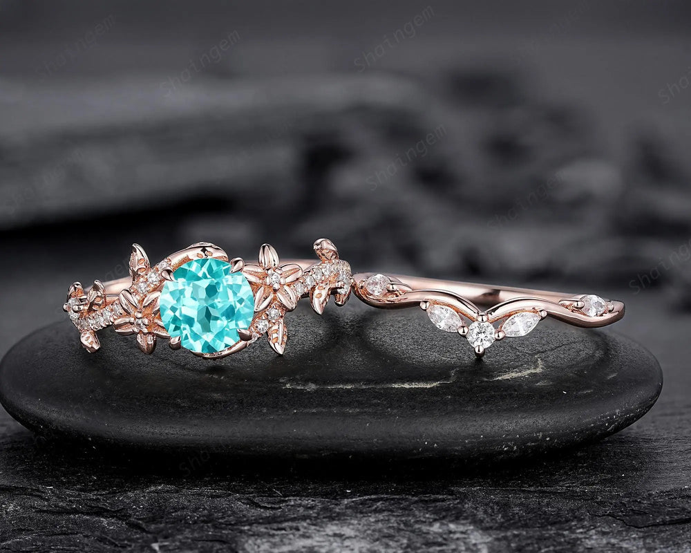 Round Shape Paraiba Tourmaline Leaf Engagement Rings, Rose Gold Floral Promise Twig Branch Wedding Anniversary Gift, Platinum, 925 Silver - ShainJewelry
