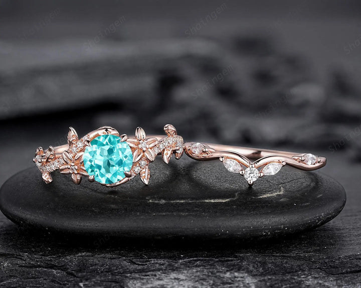 Round Shape Paraiba Tourmaline Leaf Engagement Rings, Rose Gold Floral Promise Twig Branch Wedding Anniversary Gift, Platinum, 925 Silver - ShainJewelry