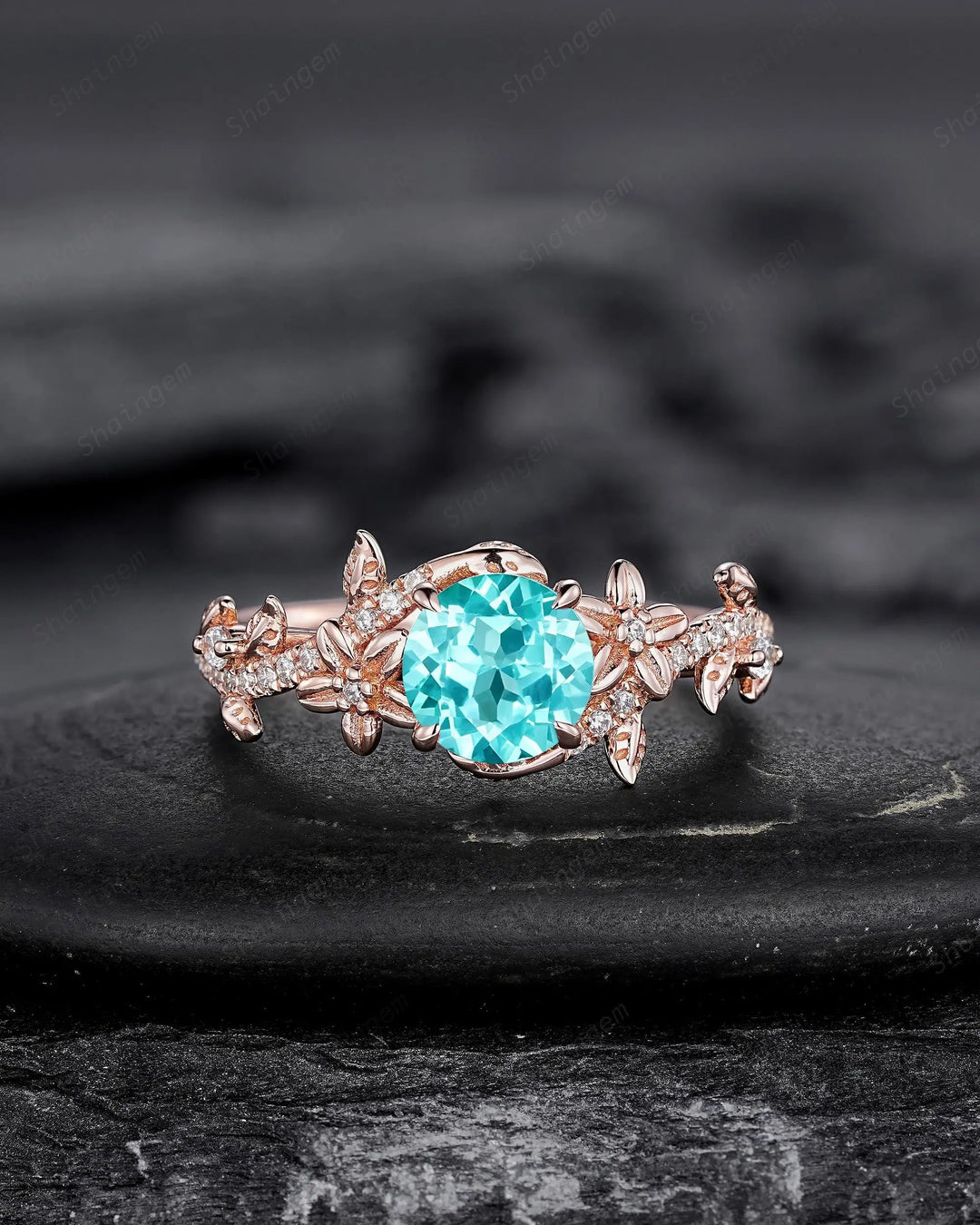 Round Shape Paraiba Tourmaline Leaf Engagement Rings, Rose Gold Floral Promise Twig Branch Wedding Anniversary Gift, Platinum, 925 Silver - ShainJewelry