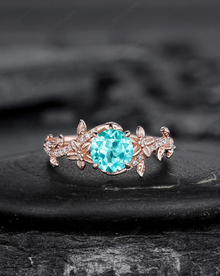 Round Shape Paraiba Tourmaline Leaf Engagement Rings, Rose Gold Floral Promise Twig Branch Wedding Anniversary Gift, Platinum, 925 Silver - ShainJewelry
