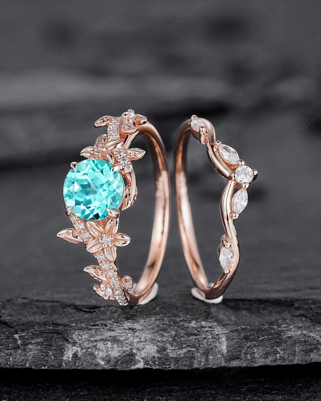 Round Shape Paraiba Tourmaline Leaf Engagement Rings, Rose Gold Floral Promise Twig Branch Wedding Anniversary Gift, Platinum, 925 Silver - ShainJewelry