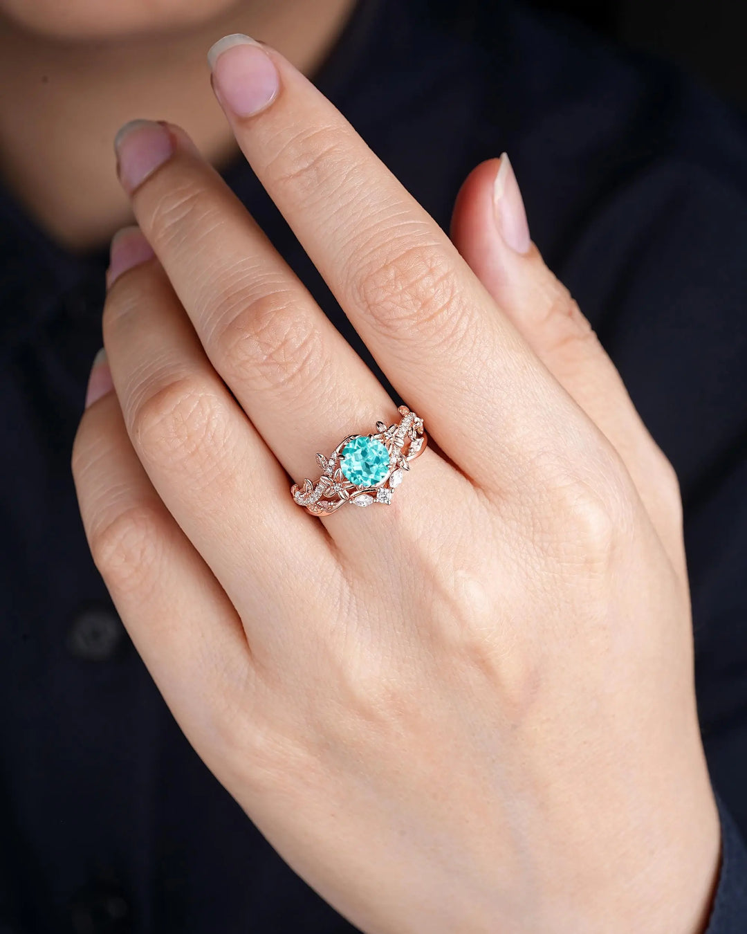 Round Shape Paraiba Tourmaline Leaf Engagement Rings, Rose Gold Floral Promise Twig Branch Wedding Anniversary Gift, Platinum, 925 Silver - ShainJewelry