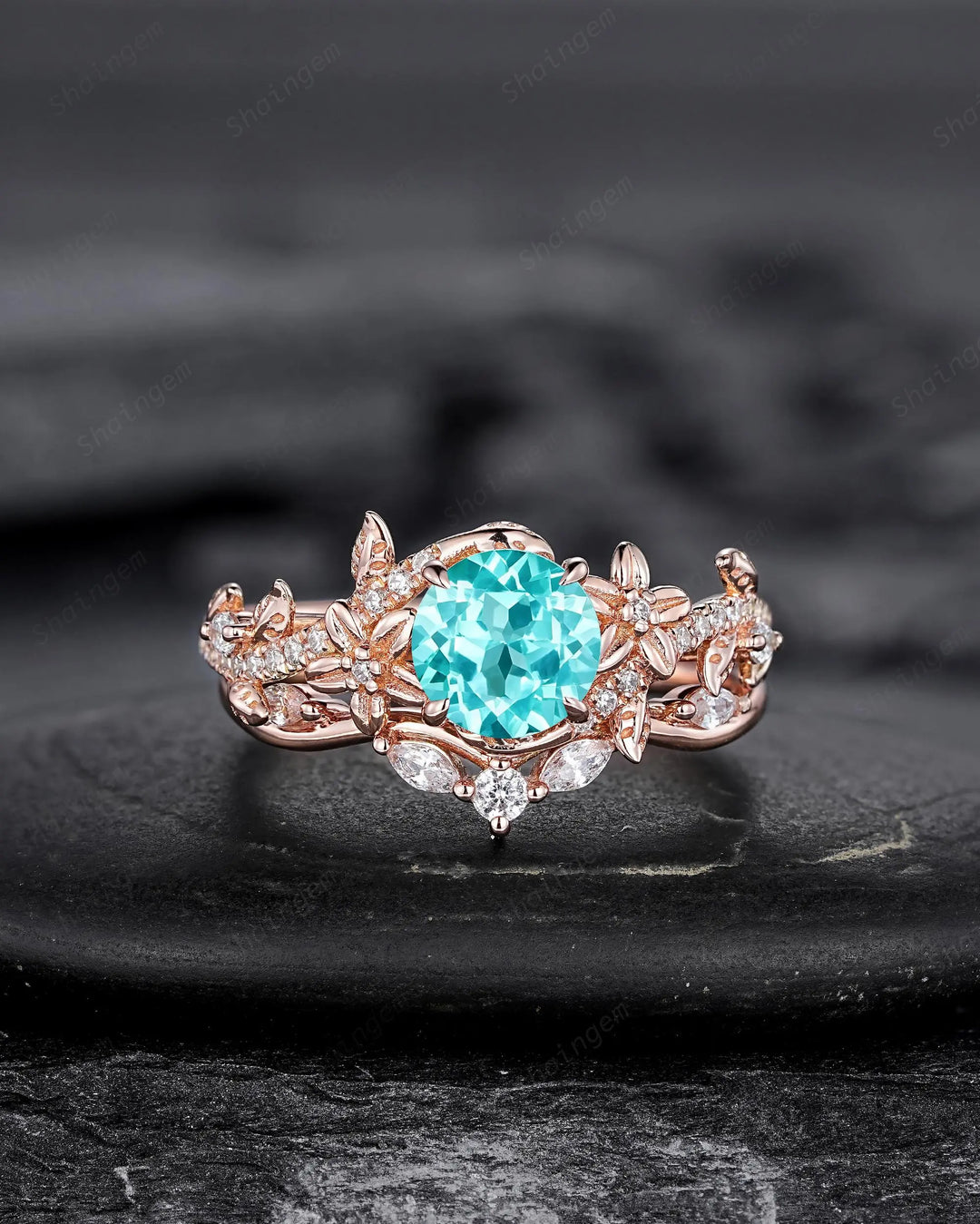 Round Shape Paraiba Tourmaline Leaf Engagement Rings, Rose Gold Floral Promise Twig Branch Wedding Anniversary Gift, Platinum, 925 Silver - ShainJewelry