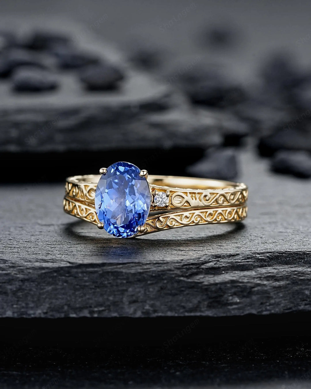Vintage Oval Shape Blue Sapphire Engagement Ring Set, Yellow Gold Half Eternity Filigree Engraved High profile Promise Wedding, Platinum - ShainJewelry