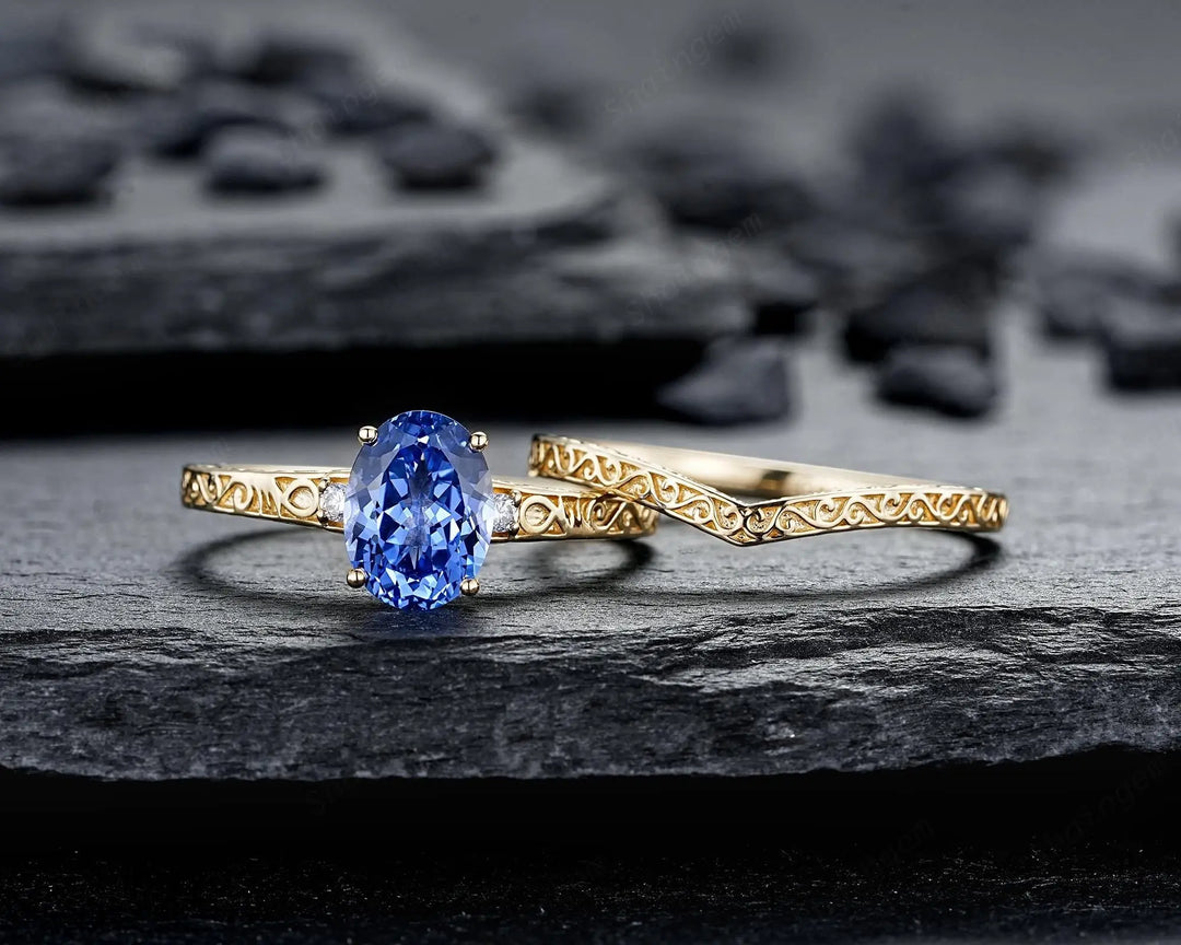 Vintage Oval Shape Blue Sapphire Engagement Ring Set, Yellow Gold Half Eternity Filigree Engraved High profile Promise Wedding, Platinum - ShainJewelry