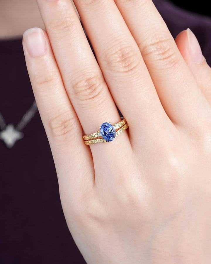 Vintage Oval Shape Blue Sapphire Engagement Ring Set, Yellow Gold Half Eternity Filigree Engraved High profile Promise Wedding, Platinum - ShainJewelry