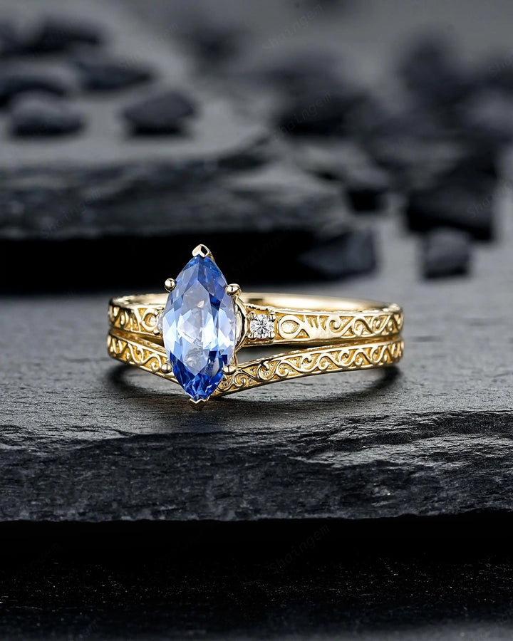 Vintage Marquise Cut Blue Sapphire Engagement Ring Set, Yellow Gold Half Eternity Filigree Engraved High profile Promise Wedding, Platinum - ShainJewelry