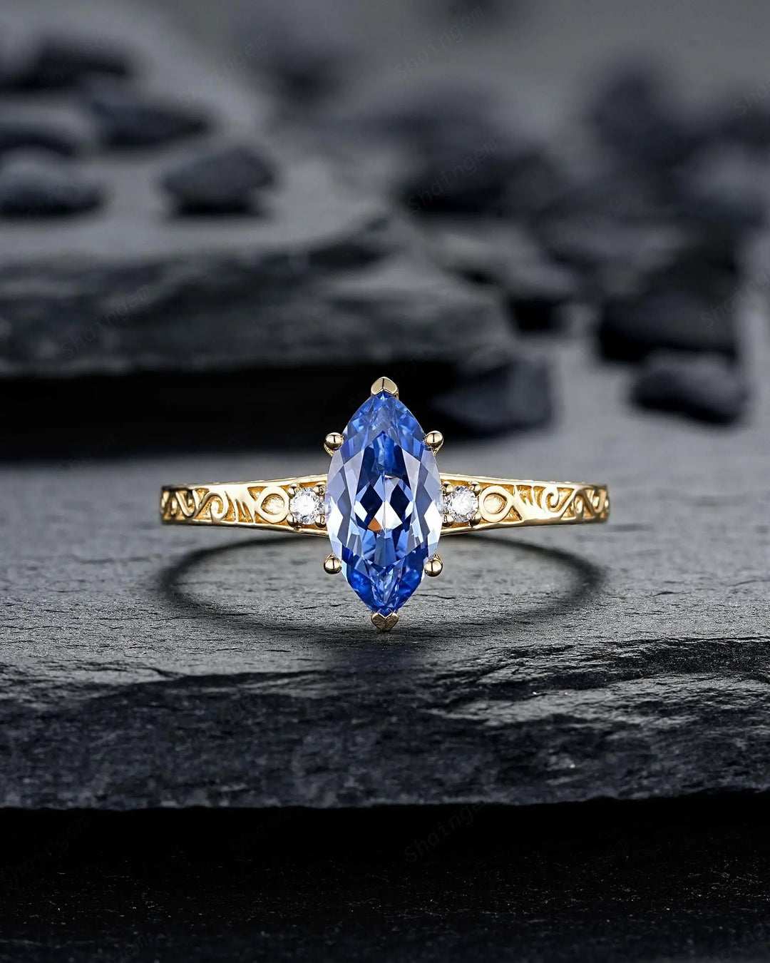 Vintage Marquise Cut Blue Sapphire Engagement Ring Set, Yellow Gold Half Eternity Filigree Engraved High profile Promise Wedding, Platinum - ShainJewelry