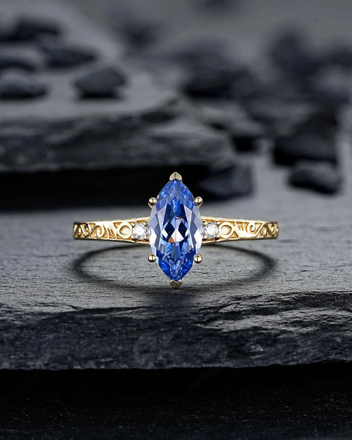 Vintage Marquise Cut Blue Sapphire Engagement Ring Set, Yellow Gold Half Eternity Filigree Engraved High profile Promise Wedding, Platinum - ShainJewelry