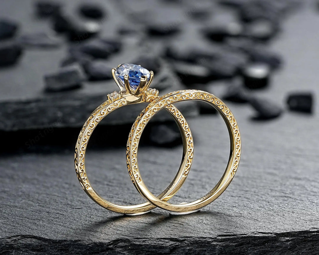 Vintage Marquise Cut Blue Sapphire Engagement Ring Set, Yellow Gold Half Eternity Filigree Engraved High profile Promise Wedding, Platinum - ShainJewelry