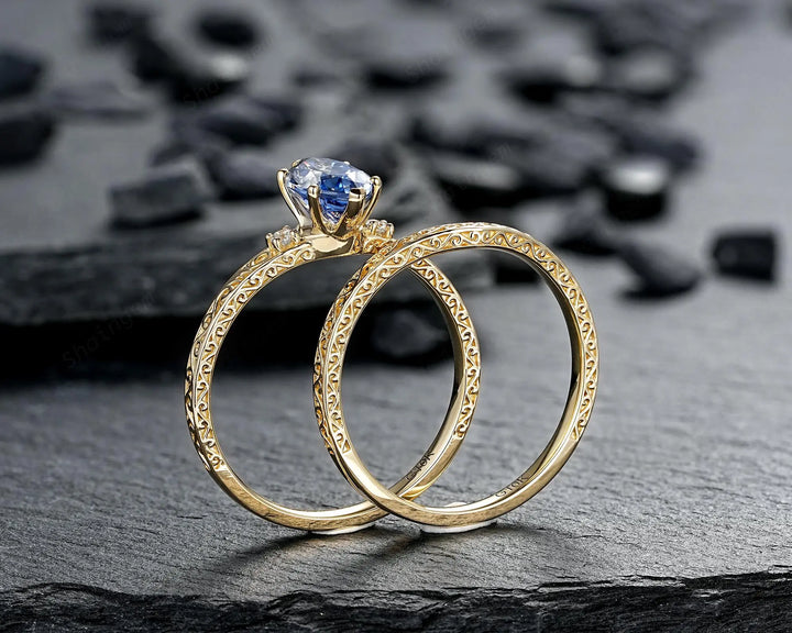 Vintage Marquise Cut Blue Sapphire Engagement Ring Set, Yellow Gold Half Eternity Filigree Engraved High profile Promise Wedding, Platinum - ShainJewelry