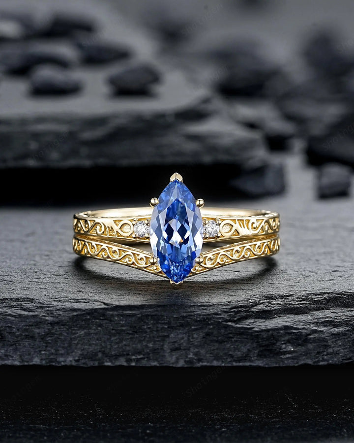Vintage Marquise Cut Blue Sapphire Engagement Ring Set, Yellow Gold Half Eternity Filigree Engraved High profile Promise Wedding, Platinum - ShainJewelry