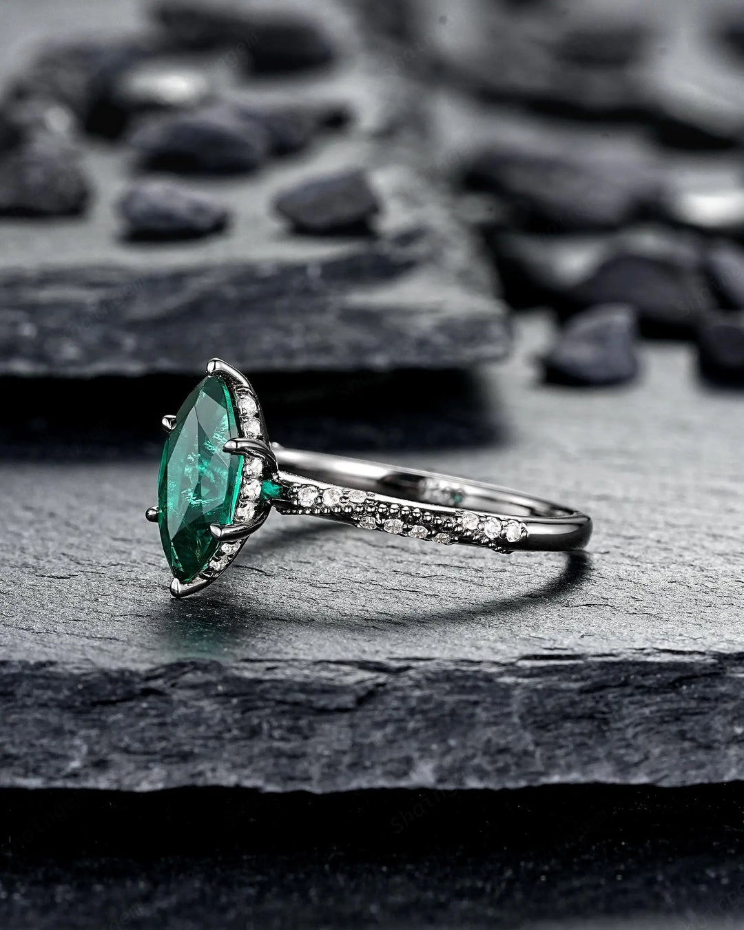 Gothic Marquise Cut Emerald Engagement Ring, Black Rhodium Promise Ring, Dark Wedding Ring, Witchy Goth Half Eternity May Birthstone Gift - ShainJewelry