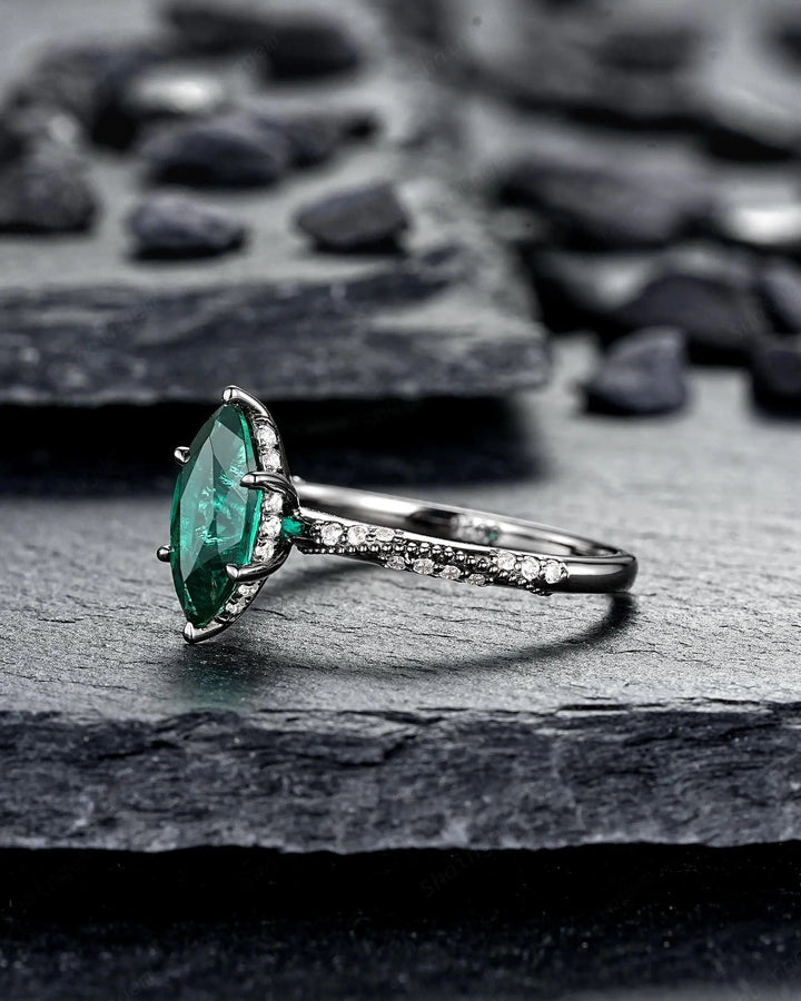 Gothic Marquise Cut Emerald Engagement Ring, Black Rhodium Promise Ring, Dark Wedding Ring, Witchy Goth Half Eternity May Birthstone Gift - ShainJewelry