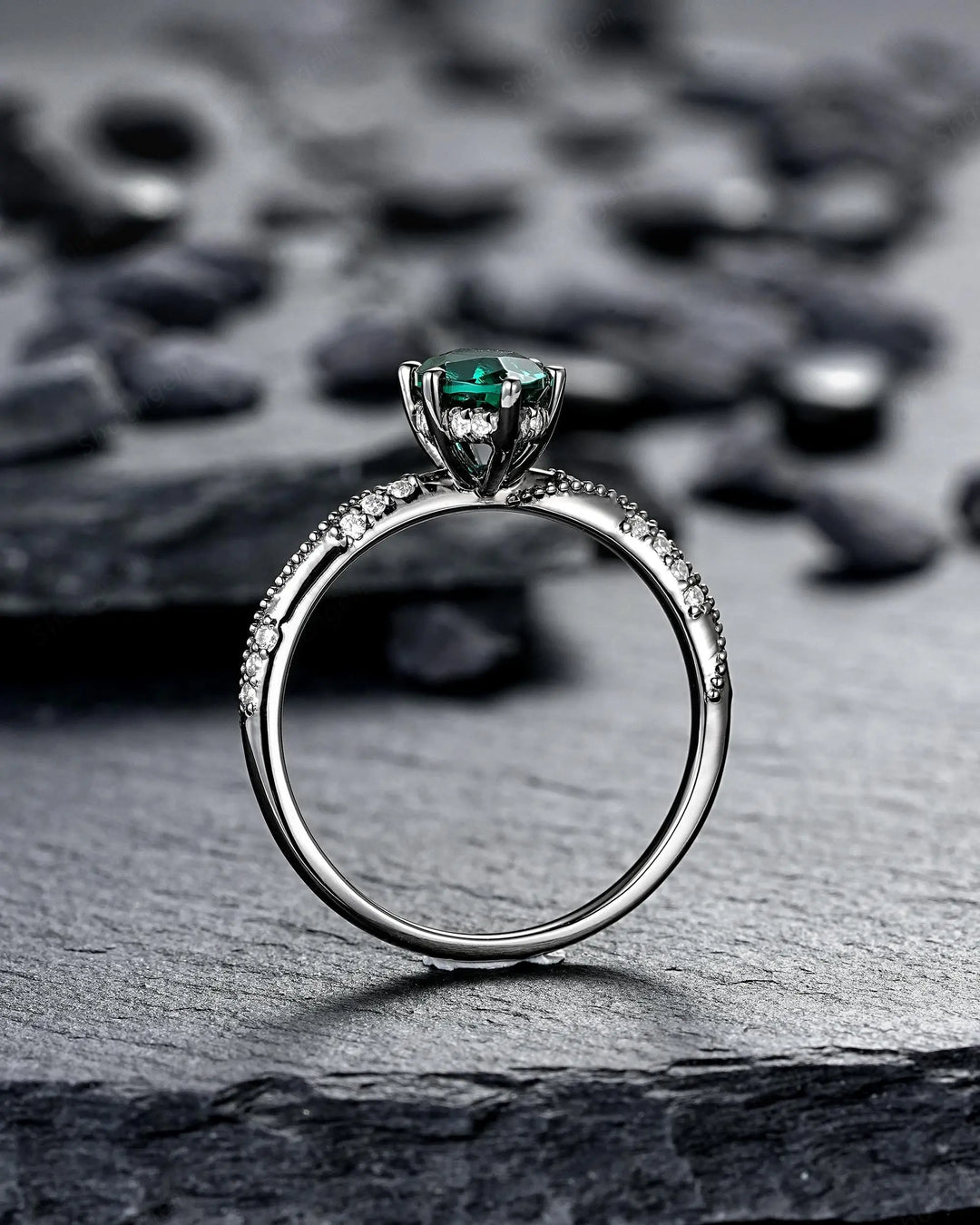 Gothic Marquise Cut Emerald Engagement Ring, Black Rhodium Promise Ring, Dark Wedding Ring, Witchy Goth Half Eternity May Birthstone Gift - ShainJewelry