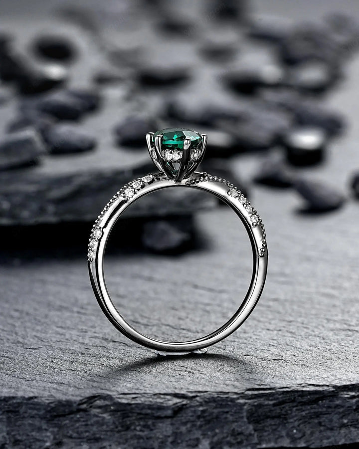 Gothic Marquise Cut Emerald Engagement Ring, Black Rhodium Promise Ring, Dark Wedding Ring, Witchy Goth Half Eternity May Birthstone Gift - ShainJewelry