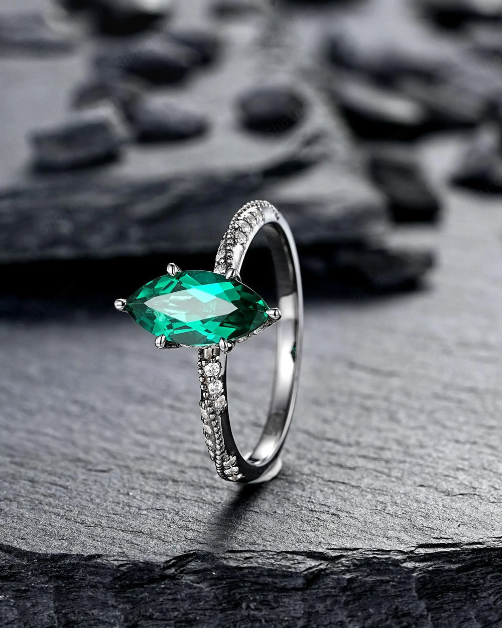 Gothic Marquise Cut Emerald Engagement Ring, Black Rhodium Promise Ring, Dark Wedding Ring, Witchy Goth Half Eternity May Birthstone Gift