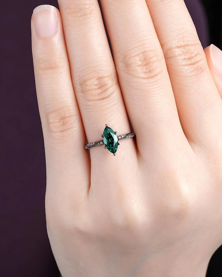Gothic Marquise Cut Emerald Engagement Ring, Black Rhodium Promise Ring, Dark Wedding Ring, Witchy Goth Half Eternity May Birthstone Gift - ShainJewelry
