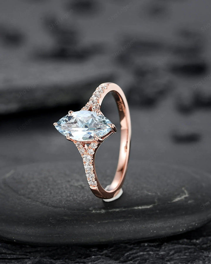 Platinum Marquise Natural Aquamarine Engagement Ring, Half Eternity Split Shank Wedding, Solid Rose Gold Diamond Promise March Birthstone - ShainJewelry