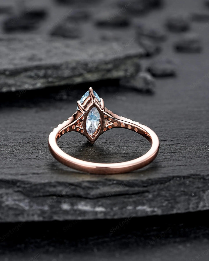 Platinum Marquise Natural Aquamarine Engagement Ring, Half Eternity Split Shank Wedding, Solid Rose Gold Diamond Promise March Birthstone - ShainJewelry