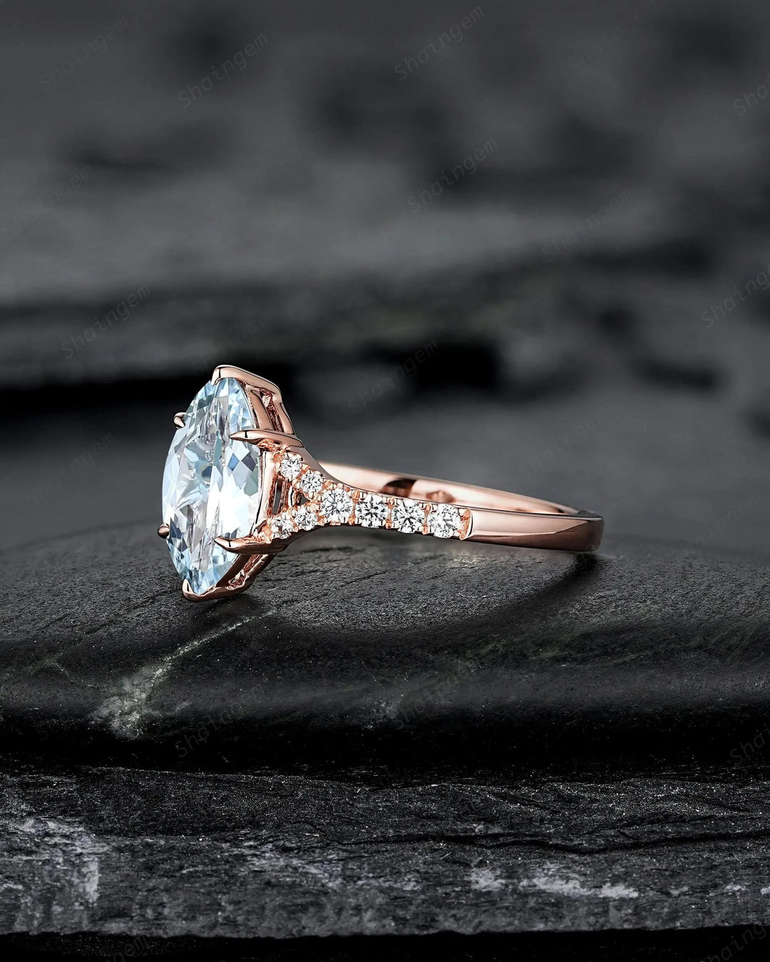 Platinum Marquise Natural Aquamarine Engagement Ring, Half Eternity Split Shank Wedding, Solid Rose Gold Diamond Promise March Birthstone - ShainJewelry