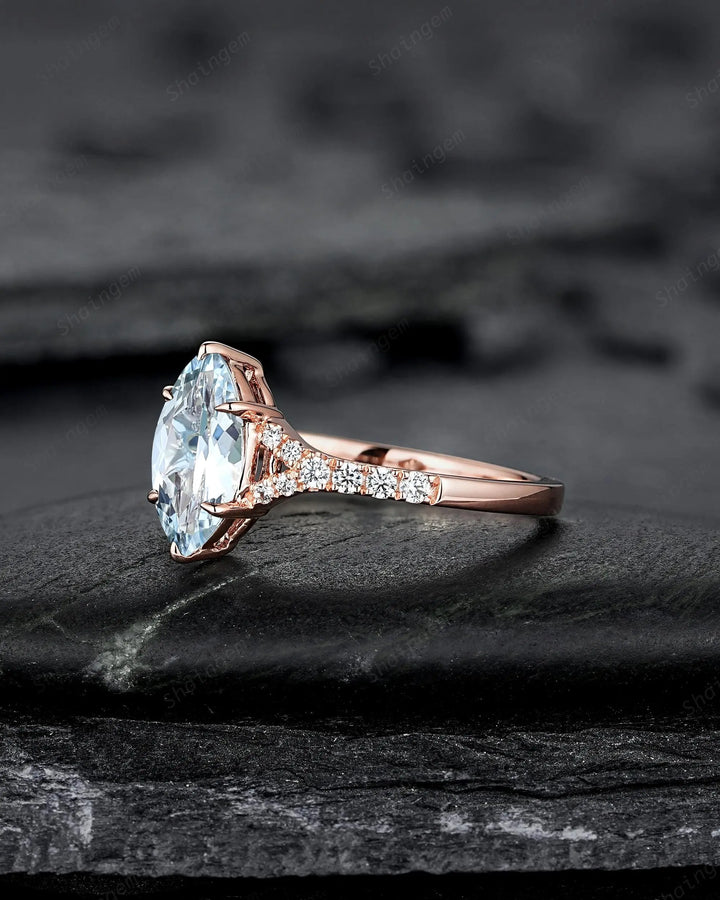 Platinum Marquise Natural Aquamarine Engagement Ring, Half Eternity Split Shank Wedding, Solid Rose Gold Diamond Promise March Birthstone - ShainJewelry
