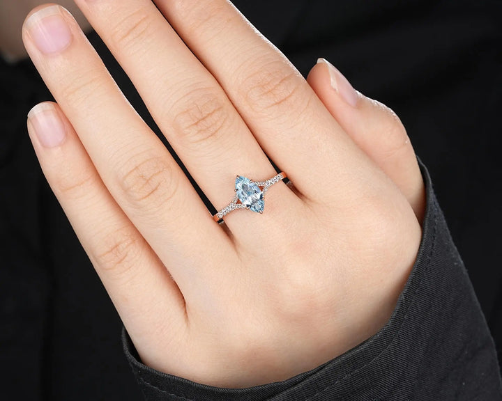Platinum Marquise Natural Aquamarine Engagement Ring, Half Eternity Split Shank Wedding, Solid Rose Gold Diamond Promise March Birthstone - ShainJewelry