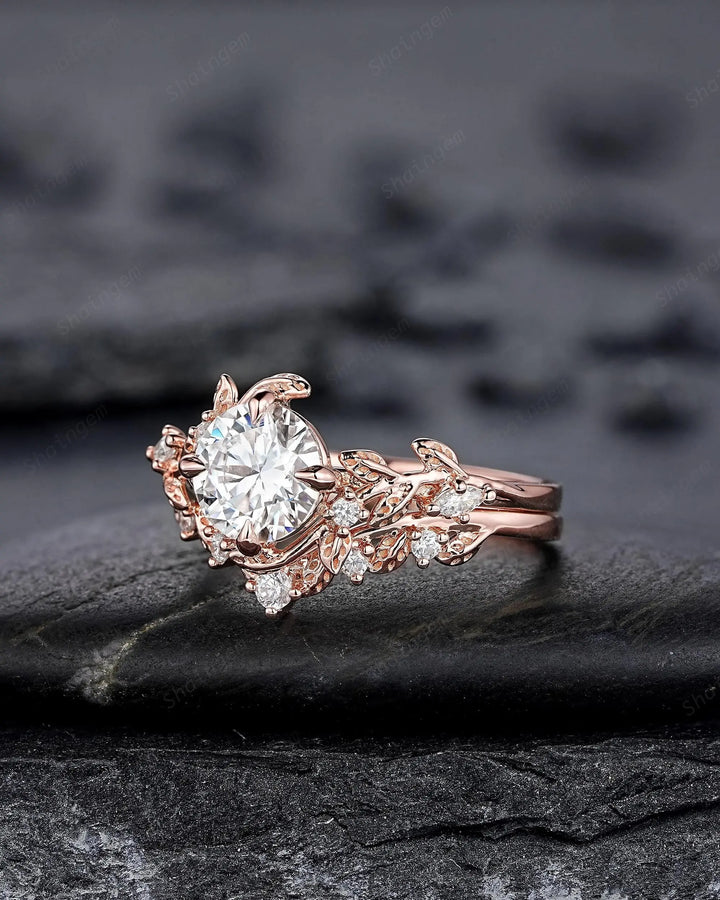 Vintage Round Shape Moissanite Leaf Engagement Ring Set: Unique Rose Gold Twig Branch Vine Wedding Nature Inspired Promise Ring for Women - ShainJewelry