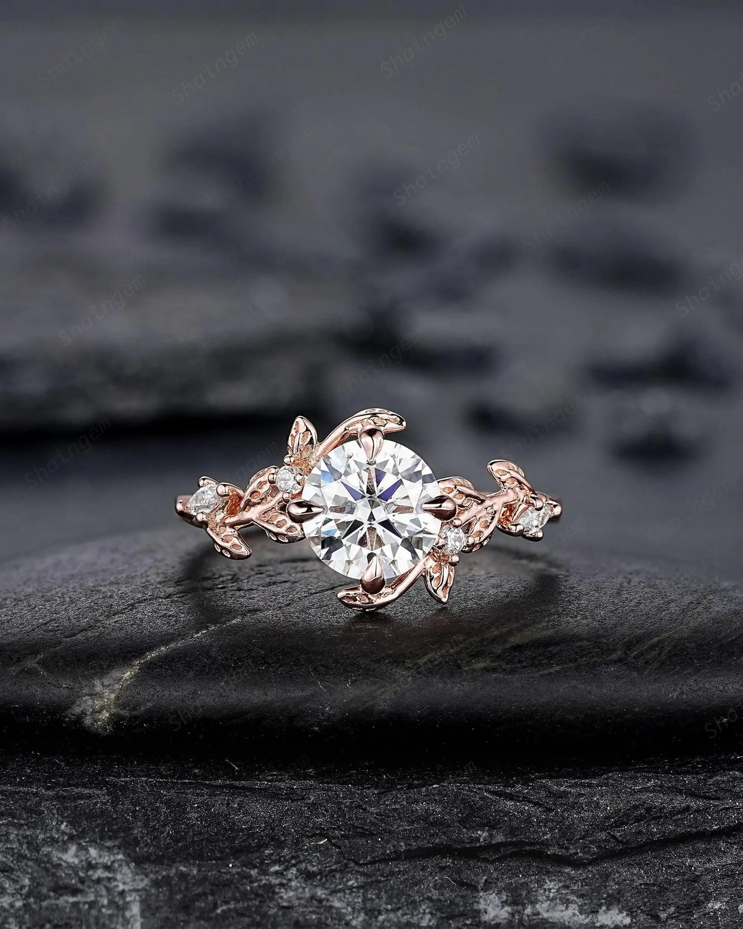 Vintage Round Shape Moissanite Leaf Engagement Ring Set: Unique Rose Gold Twig Branch Vine Wedding Nature Inspired Promise Ring for Women - ShainJewelry
