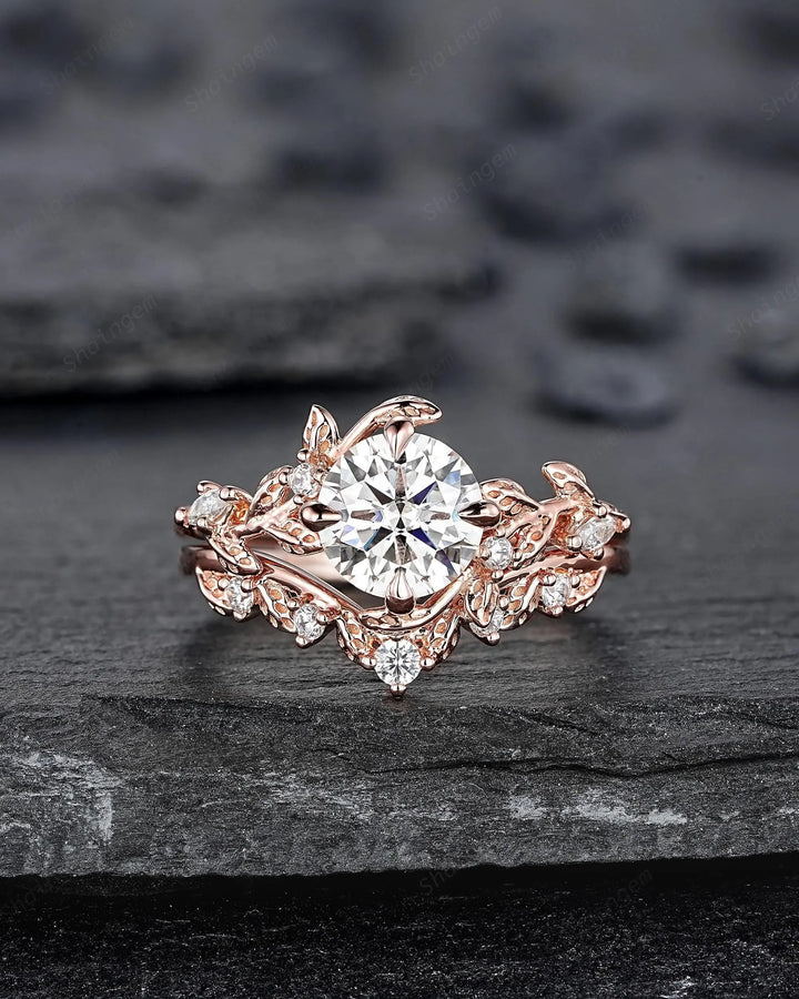 Vintage Round Shape Moissanite Leaf Engagement Ring Set: Unique Rose Gold Twig Branch Vine Wedding Nature Inspired Promise Ring for Women - ShainJewelry