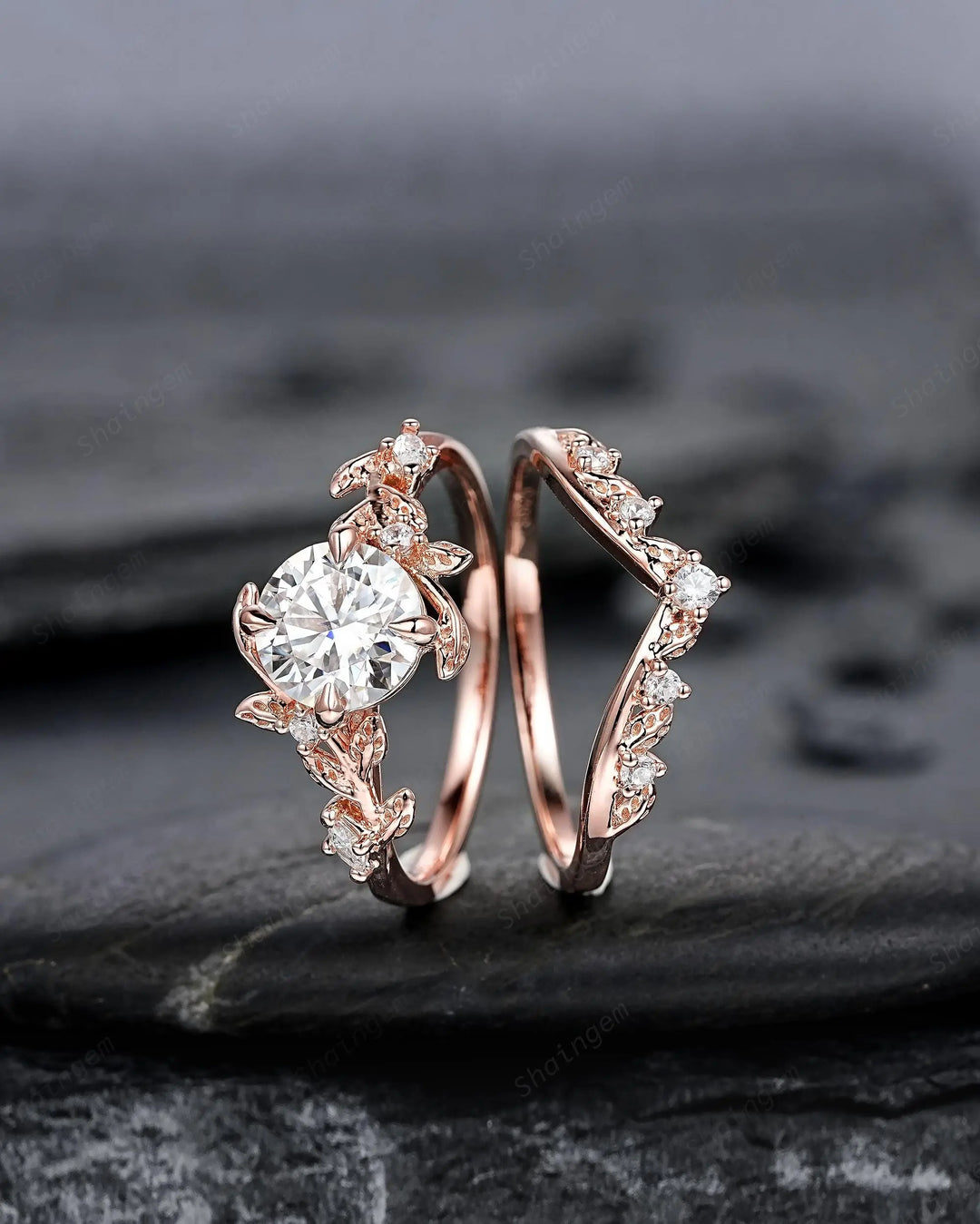 Vintage Round Shape Moissanite Leaf Engagement Ring Set: Unique Rose Gold Twig Branch Vine Wedding Nature Inspired Promise Ring for Women - ShainJewelry