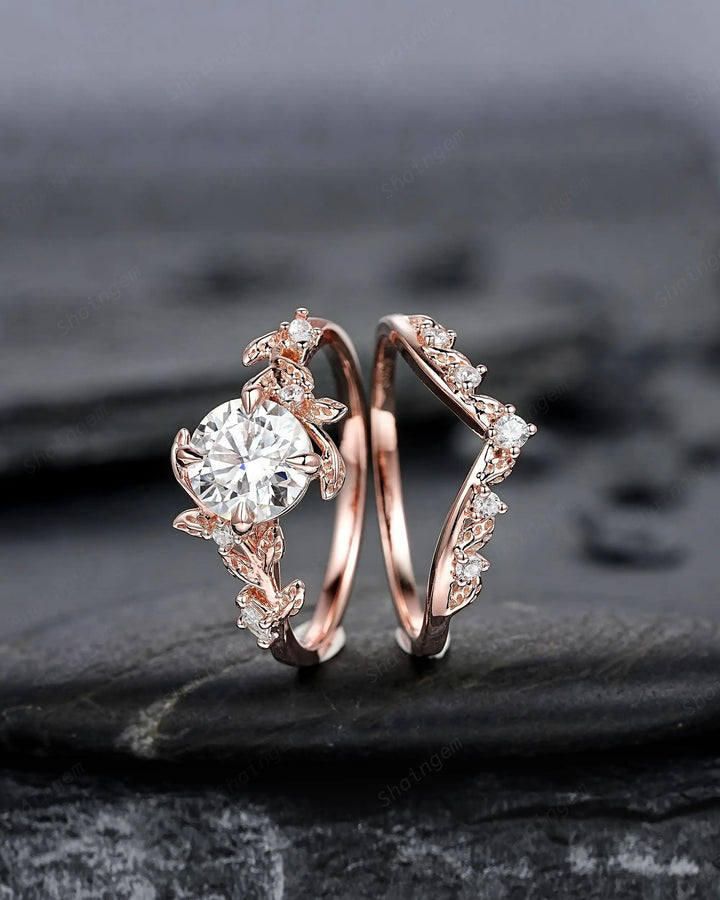 Vintage Round Shape Moissanite Leaf Engagement Ring Set: Unique Rose Gold Twig Branch Vine Wedding Nature Inspired Promise Ring for Women - ShainJewelry