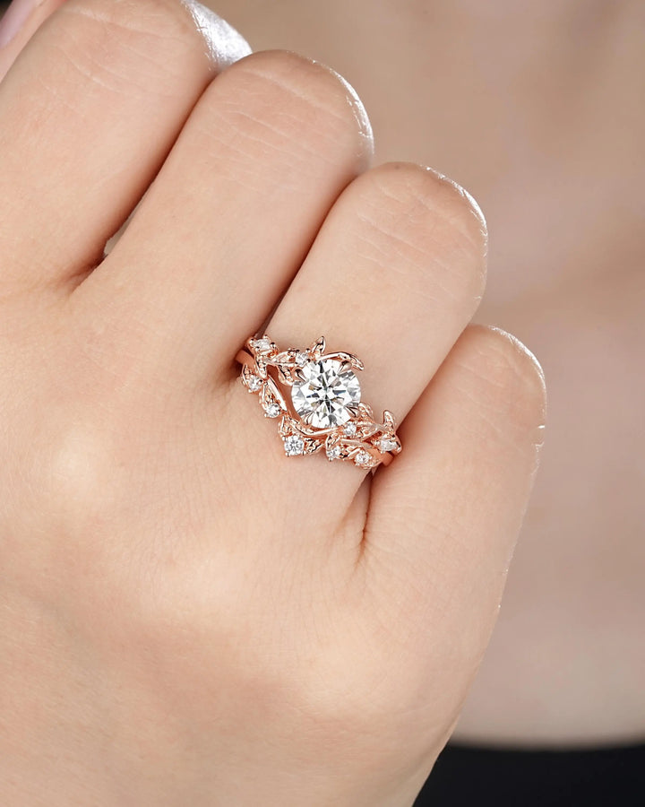 Vintage Round Shape Moissanite Leaf Engagement Ring Set: Unique Rose Gold Twig Branch Vine Wedding Nature Inspired Promise Ring for Women - ShainJewelry