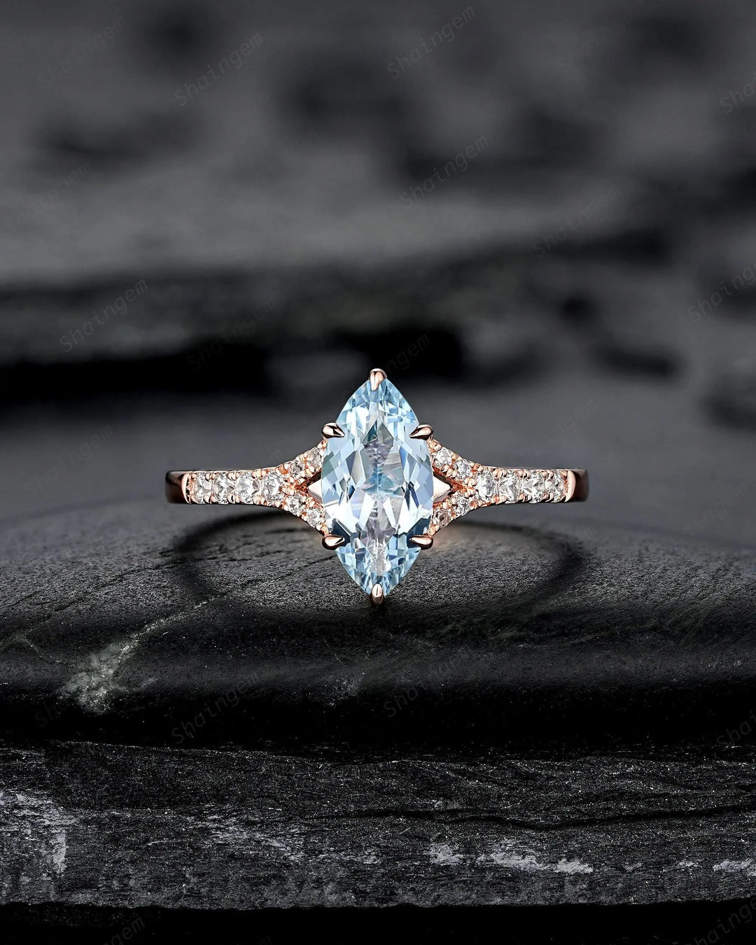 Platinum Marquise Natural Aquamarine Engagement Ring, Half Eternity Split Shank Wedding, Solid Rose Gold Diamond Promise March Birthstone - ShainJewelry