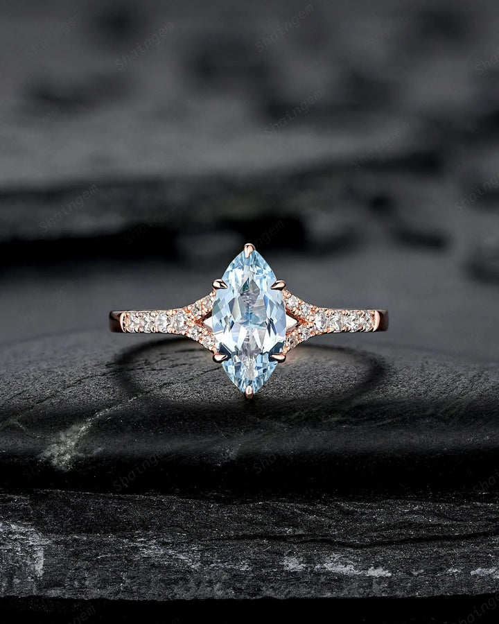 Platinum Marquise Natural Aquamarine Engagement Ring, Half Eternity Split Shank Wedding, Solid Rose Gold Diamond Promise March Birthstone - ShainJewelry