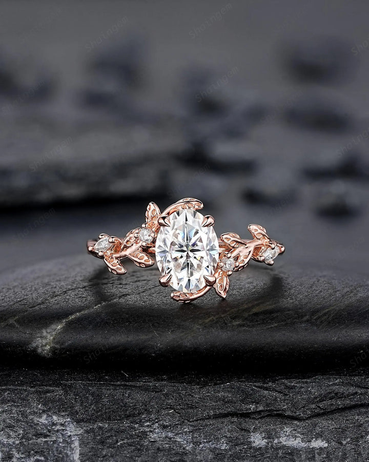 Vintage Oval Shape Moissanite Leaf Engagement Ring Set: Unique 14K 18K Rose Gold Twig Branch Vine Wedding Promise Platinum, 925 Silver - ShainJewelry