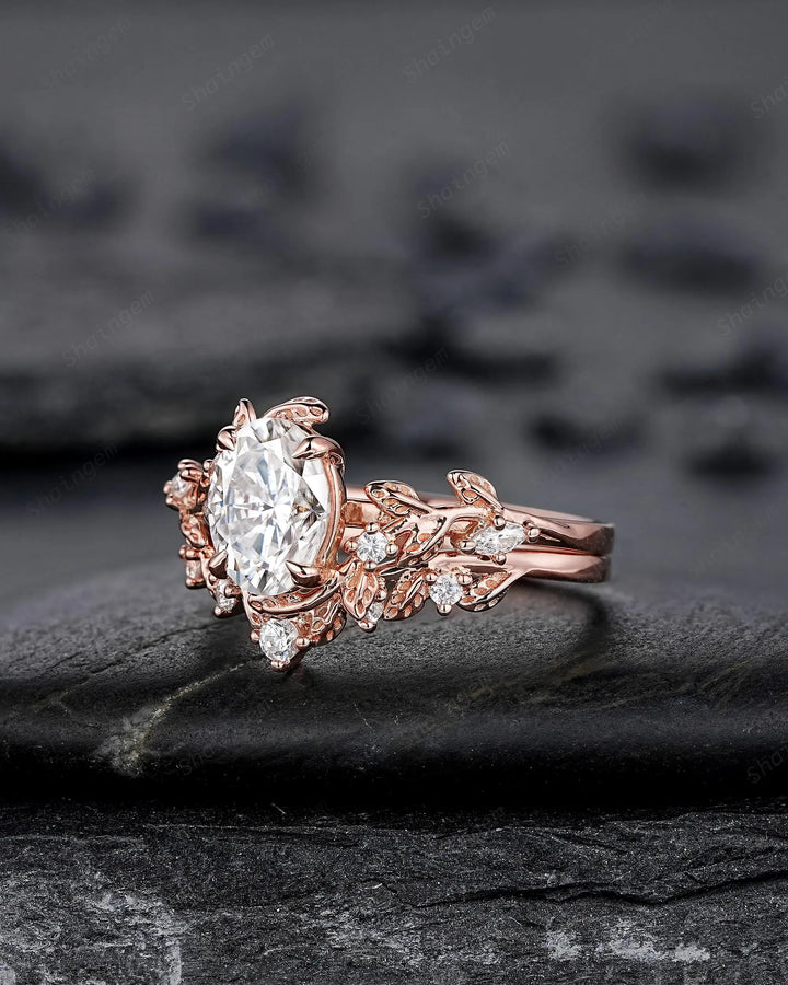 Vintage Oval Shape Moissanite Leaf Engagement Ring Set: Unique 14K 18K Rose Gold Twig Branch Vine Wedding Promise Platinum, 925 Silver - ShainJewelry