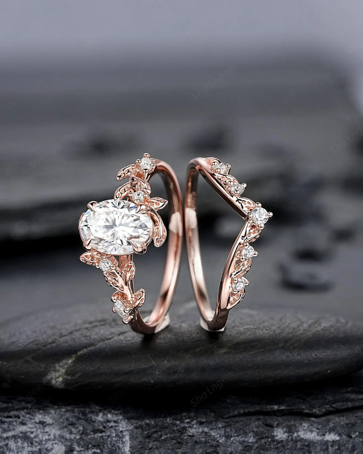 Vintage Oval Shape Moissanite Leaf Engagement Ring Set: Unique 14K 18K Rose Gold Twig Branch Vine Wedding Promise Platinum, 925 Silver - ShainJewelry