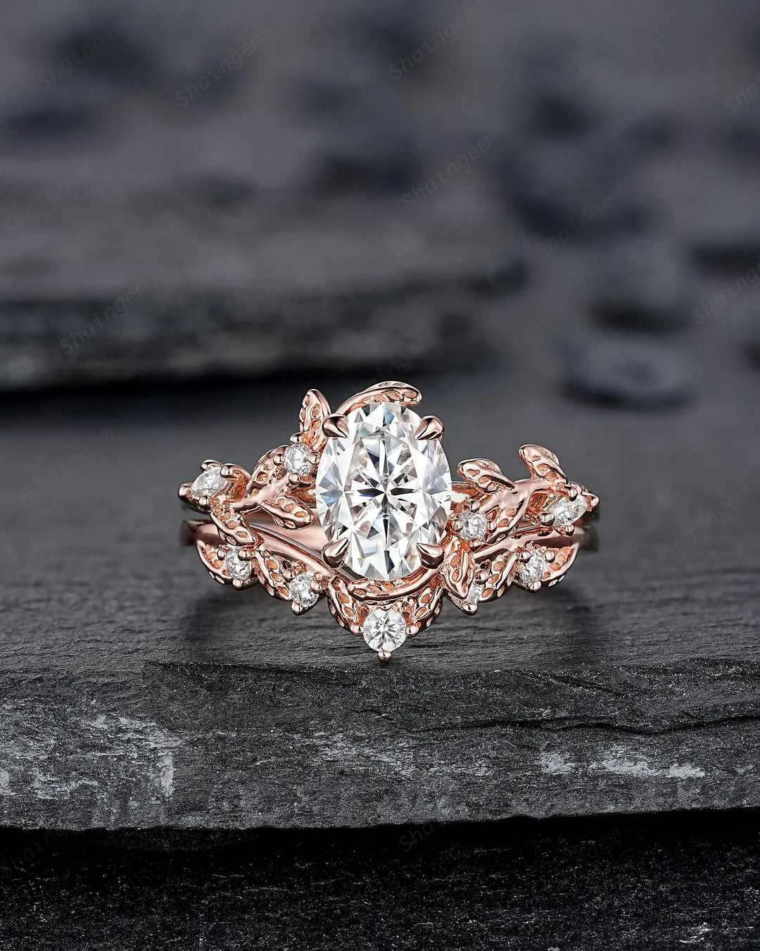 Vintage Oval Shape Moissanite Leaf Engagement Ring Set: Unique 14K 18K Rose Gold Twig Branch Vine Wedding Promise Platinum, 925 Silver - ShainJewelry